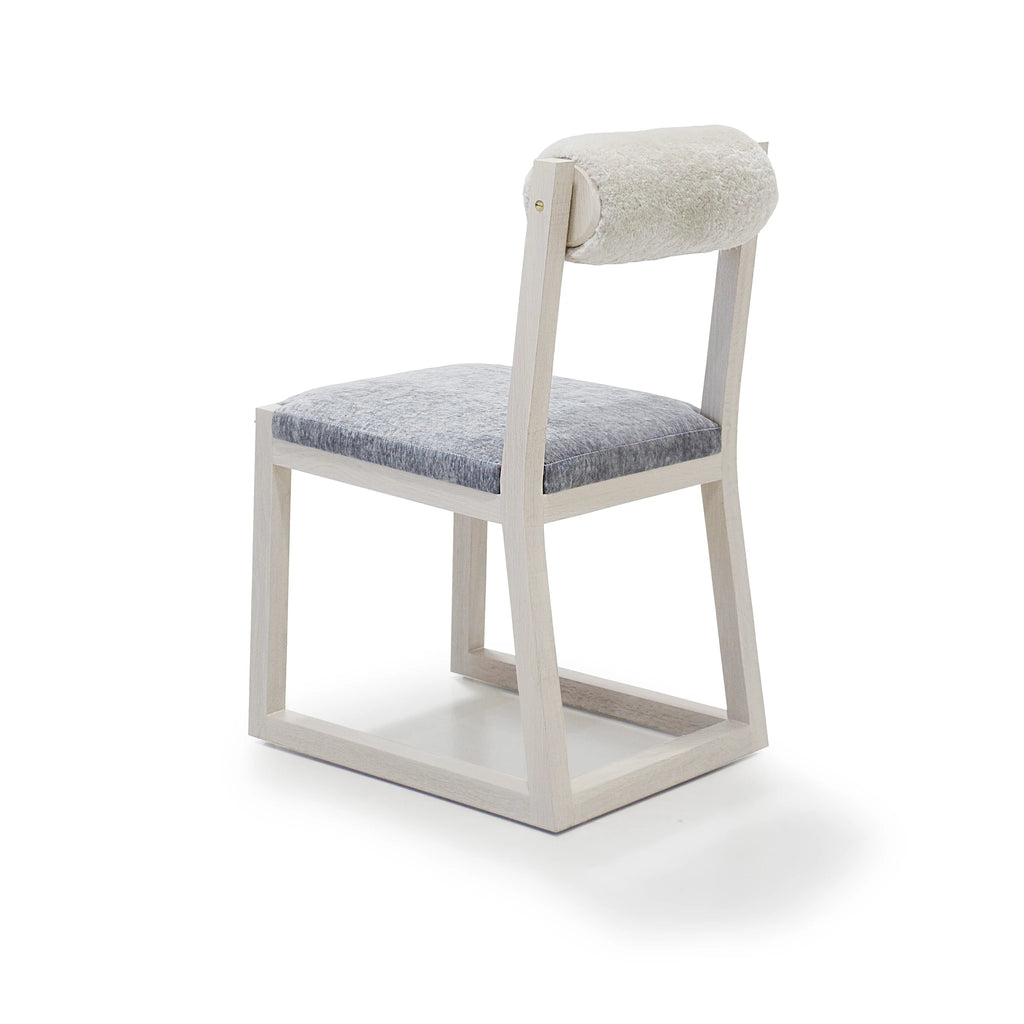 Bridge Dining Chair, Shown in Lush Slate seat and Dusty Beige Shearling back. Oak finished in Nordic White / Natural. | Muskoka Living Collection