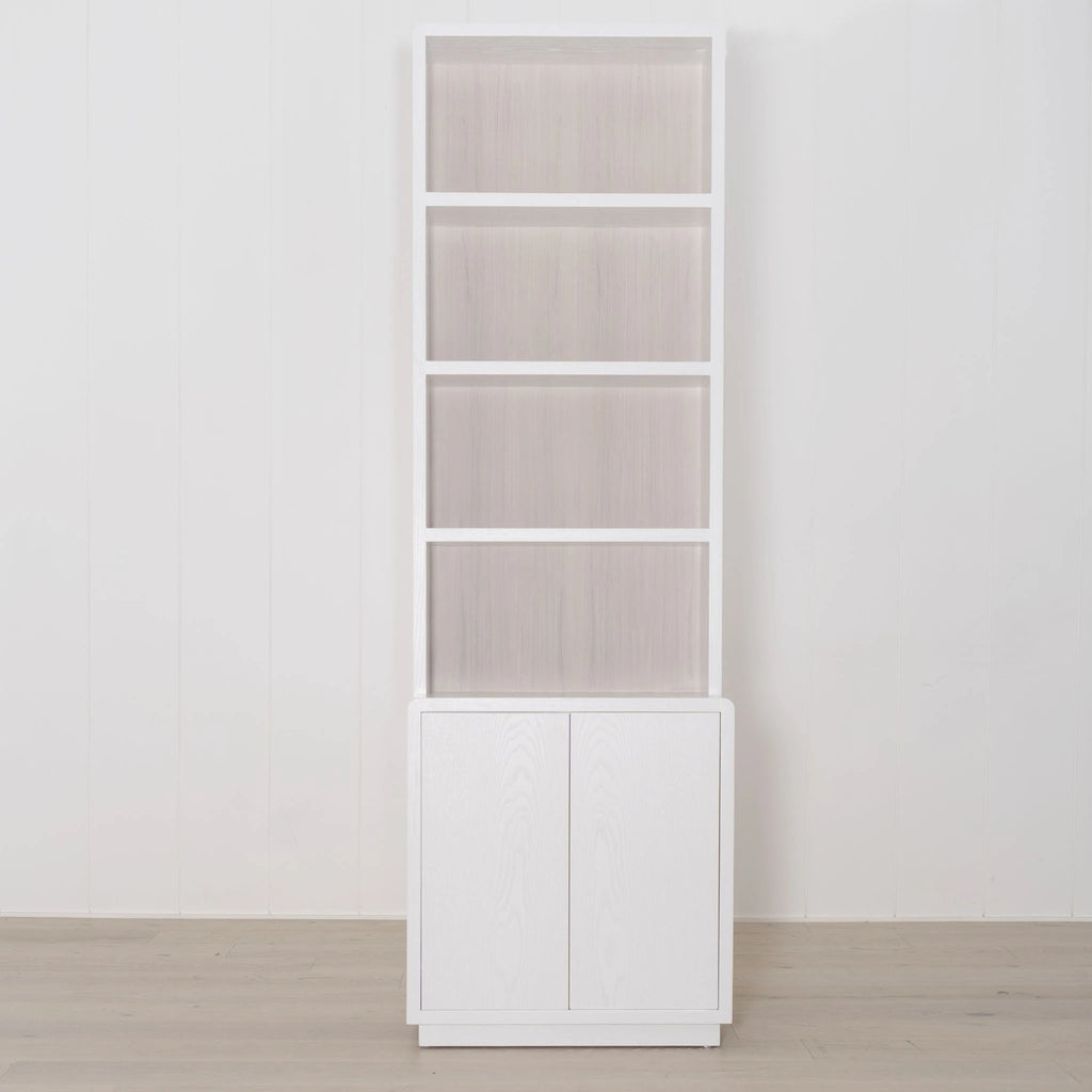 Trip - Shown in oak, finished in White wire brushed, and Nordic White Super white back panel. | Muskoka Living Collection - Bookcases
