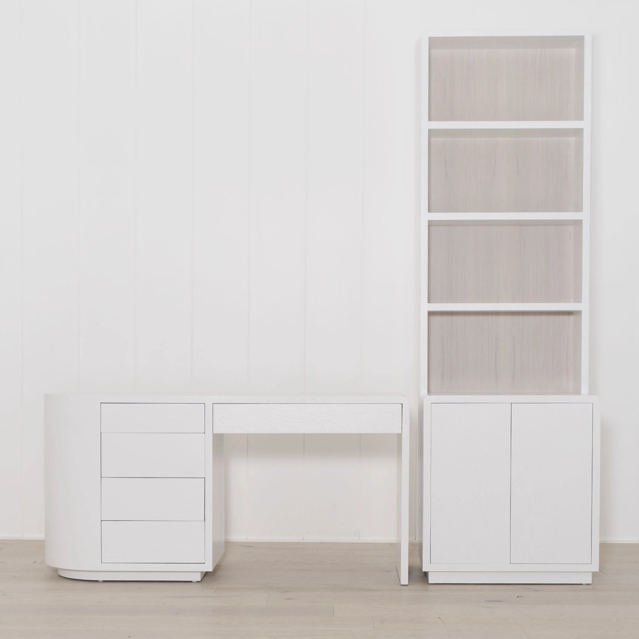 Trip bookcase with Austin desk - Shown in oak, finished in White wire brushed, and Nordic White Super white back panel. | Muskoka Living Collection - Bookcases