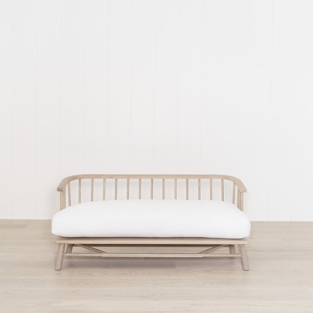 Bolsa Bench Shown in Frame White, oak finished in Mint White / Natural | Muskoka Living Collection