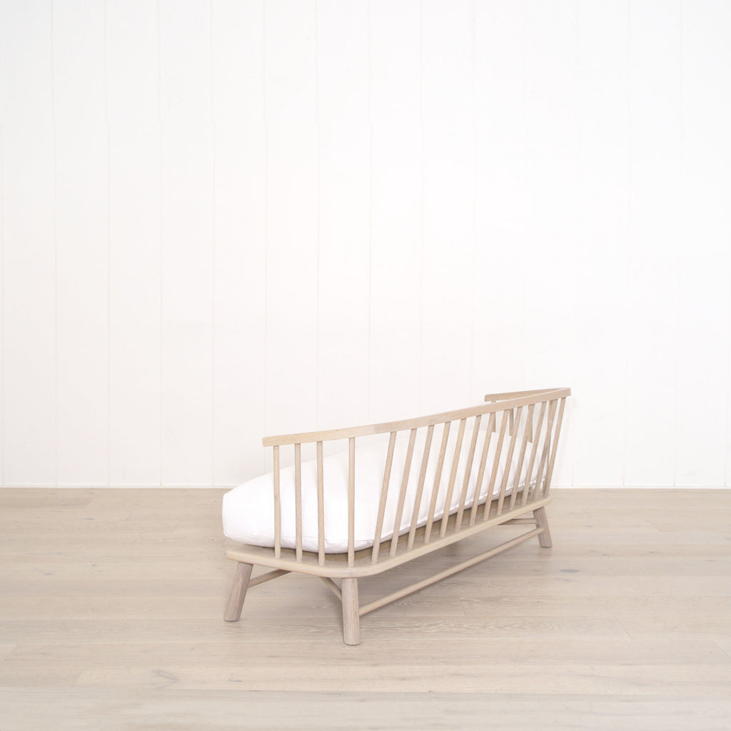 Bolsa Bench Shown in Frame White, oak finished in Mint White / Natural | Muskoka Living Collection