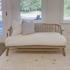 Bolsa Bench Shown in Frame White, oak finished in Mint White / Natural | Muskoka Living Collection