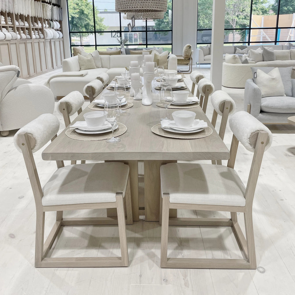 Bridge Dining Chair, Shown in Sense Snow seat and White Shearling back. Oak finished in Mint White / Natural. | Muskoka Living Collection
