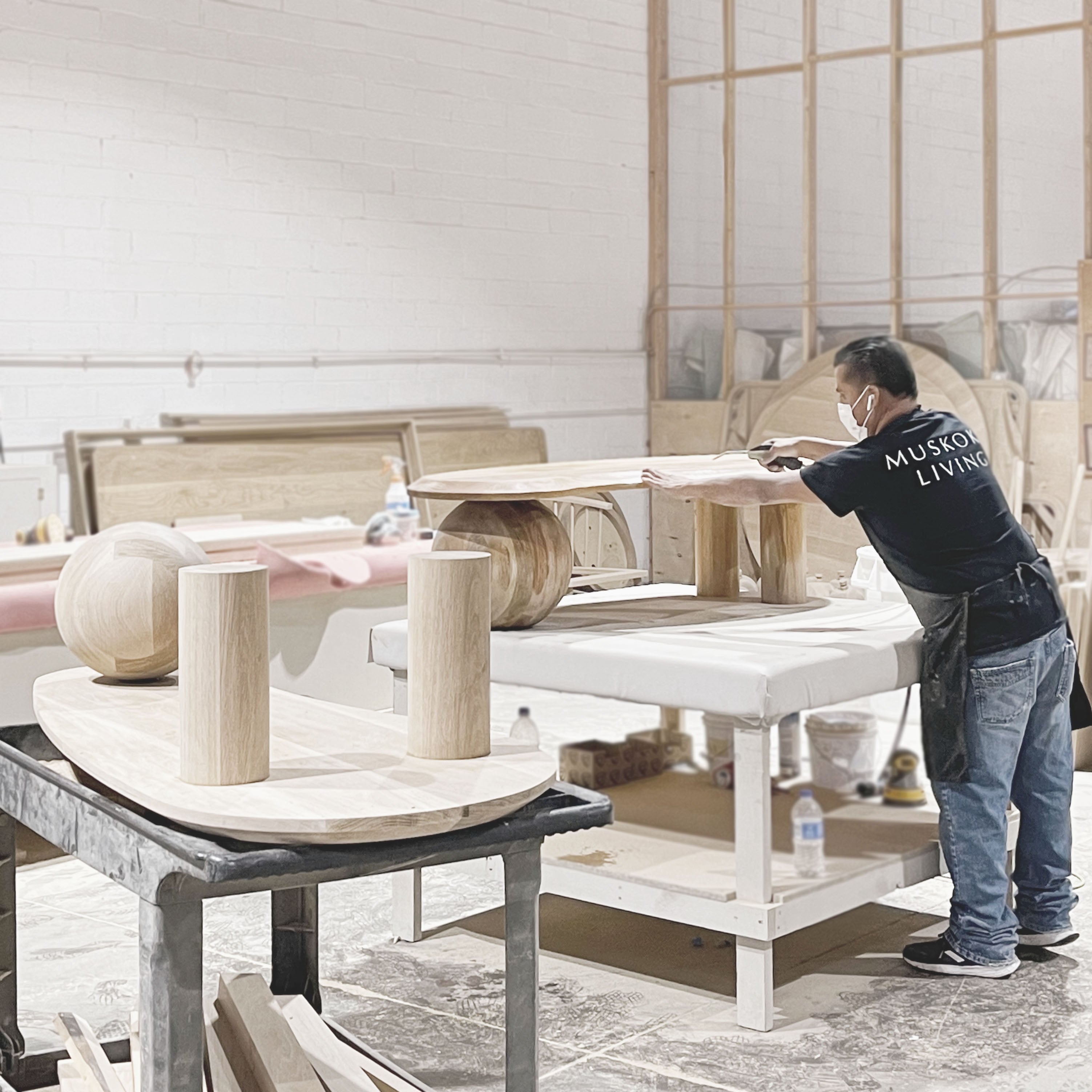 Melo Double Coffee Tables, Muskoka Living Collection - Shown in Alpaca White Smoke. Made to order at our LA Workshop.