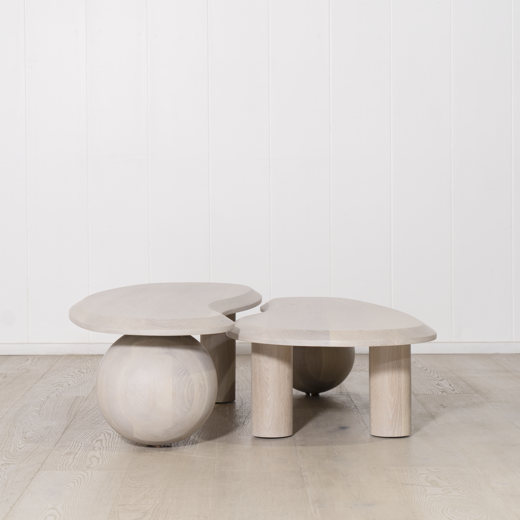 Melo Double Coffee Tables, Muskoka Living Collection - Shown in Alpaca White Smoke. Made to order at our LA Workshop.
