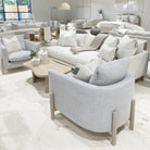 Duke Sofa, Muskoka Living Collection - Shown in Upholstered Frame Natural. Oak finished in Mint White / Natural.