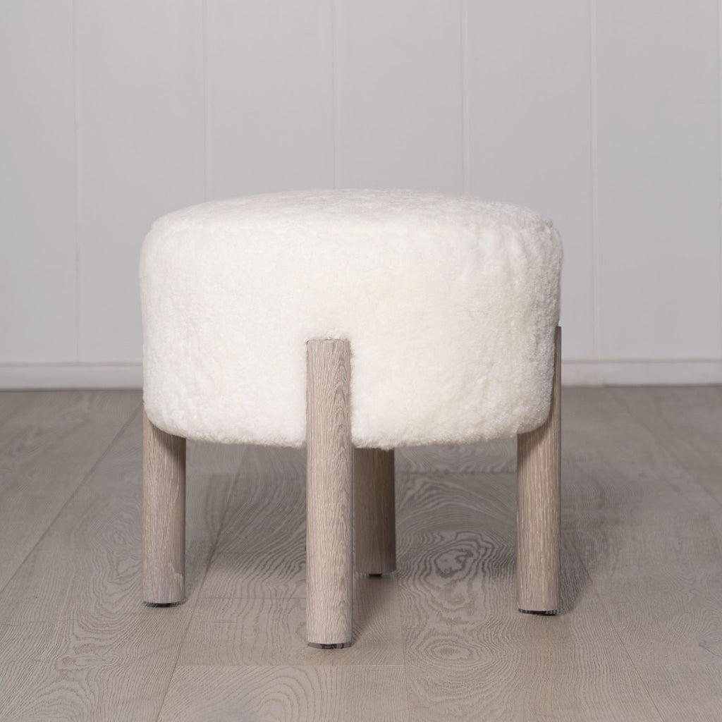 James Stool, Muskoka Living Collection - Shown in White Shearling. Oak finished in Mint White / Smoke.