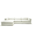 Shown in right chaise slipcovered Belgian Mulberry