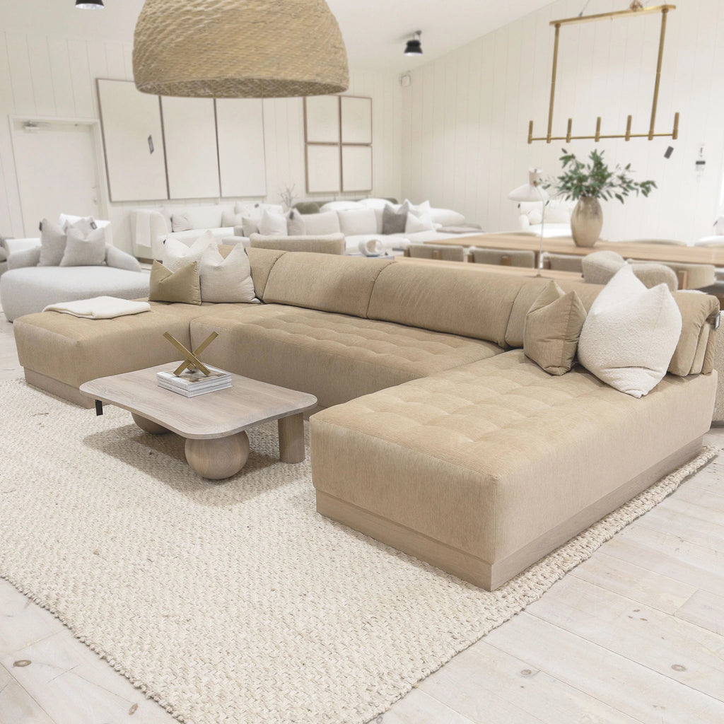 Tommy Sectional, Muskoka Living Collection - Shown in Mambo Cashew, with Sintra Hemp inside cushion; Mint White / Smoke finish